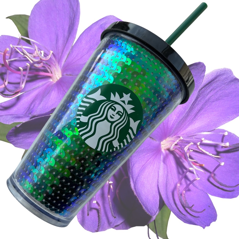 Starbucks Europe 2021 Green Metallic Iridescent Sequins Tumbler Cold Cup 16 Oz